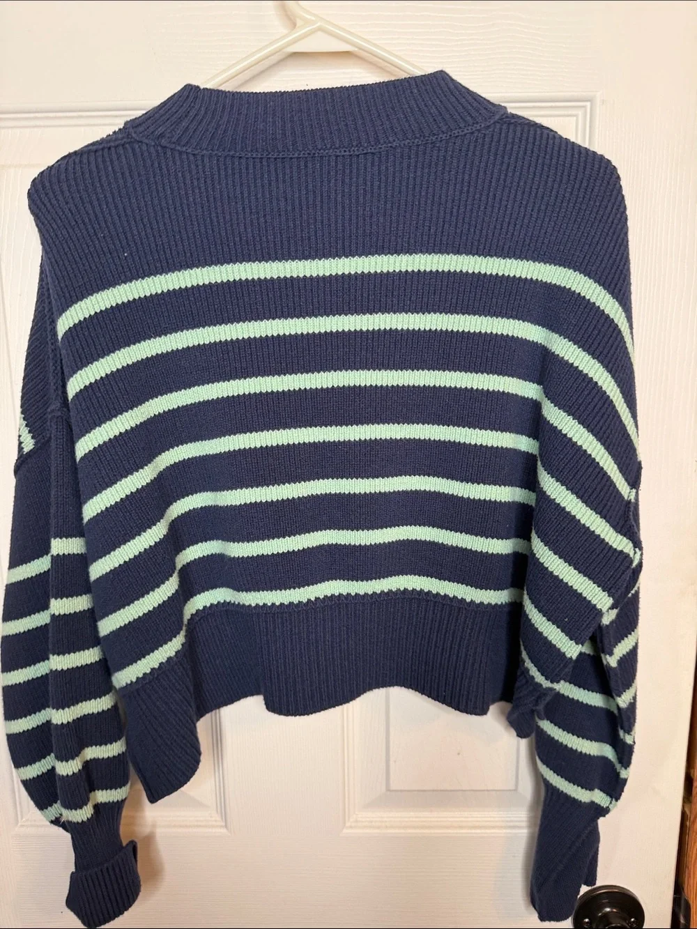 Free People Navy and Mint Striped Cropped Crew Sweater